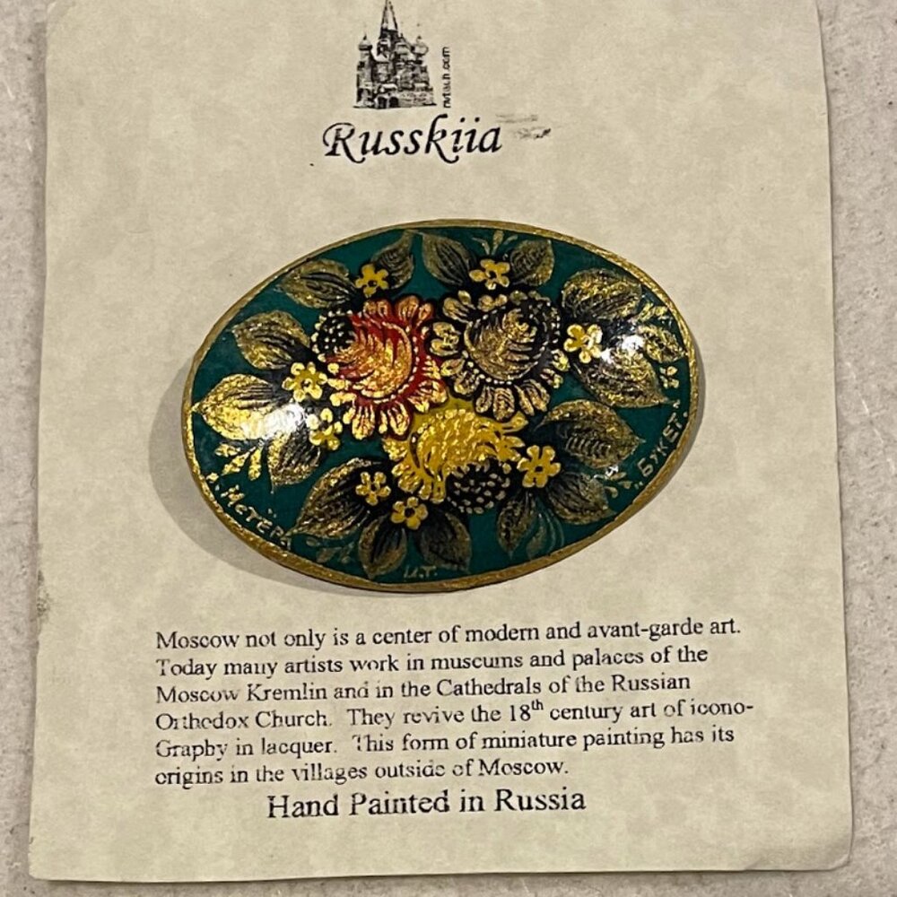 Hand-painted Russian Lacquer Floral Brooch